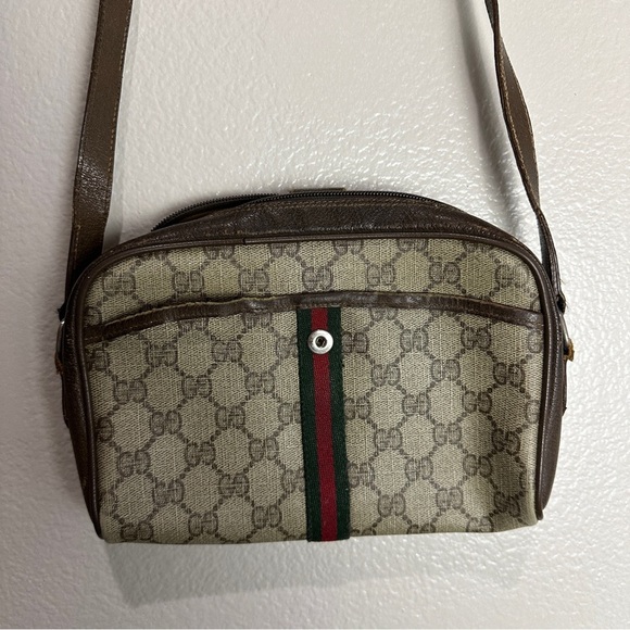 GUCCI Web Sherry Line GG Canvas Shoulder Bag PVC Leather Beige Green Vintage - Picture 4 of 15